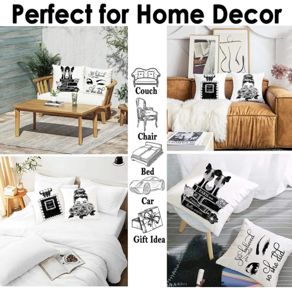 Set of 4 18x18 Decorative Pillow Covers Black White  Fashion Style